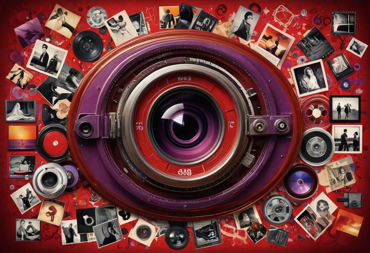 A visually striking collage representing adult entertainment, featuring a variety of multimedia elements like film reels, vibrant magazine covers, and digital tablets displaying blog content. Incorporate diverse silhouettes of people engaged in different activities related to entertainment, set against an abstract background that symbolizes exploration and curiosity. The color scheme should be bold and eye-catching, with rich reds and purples. super-realistic. vibrant colors. dynamic composition.