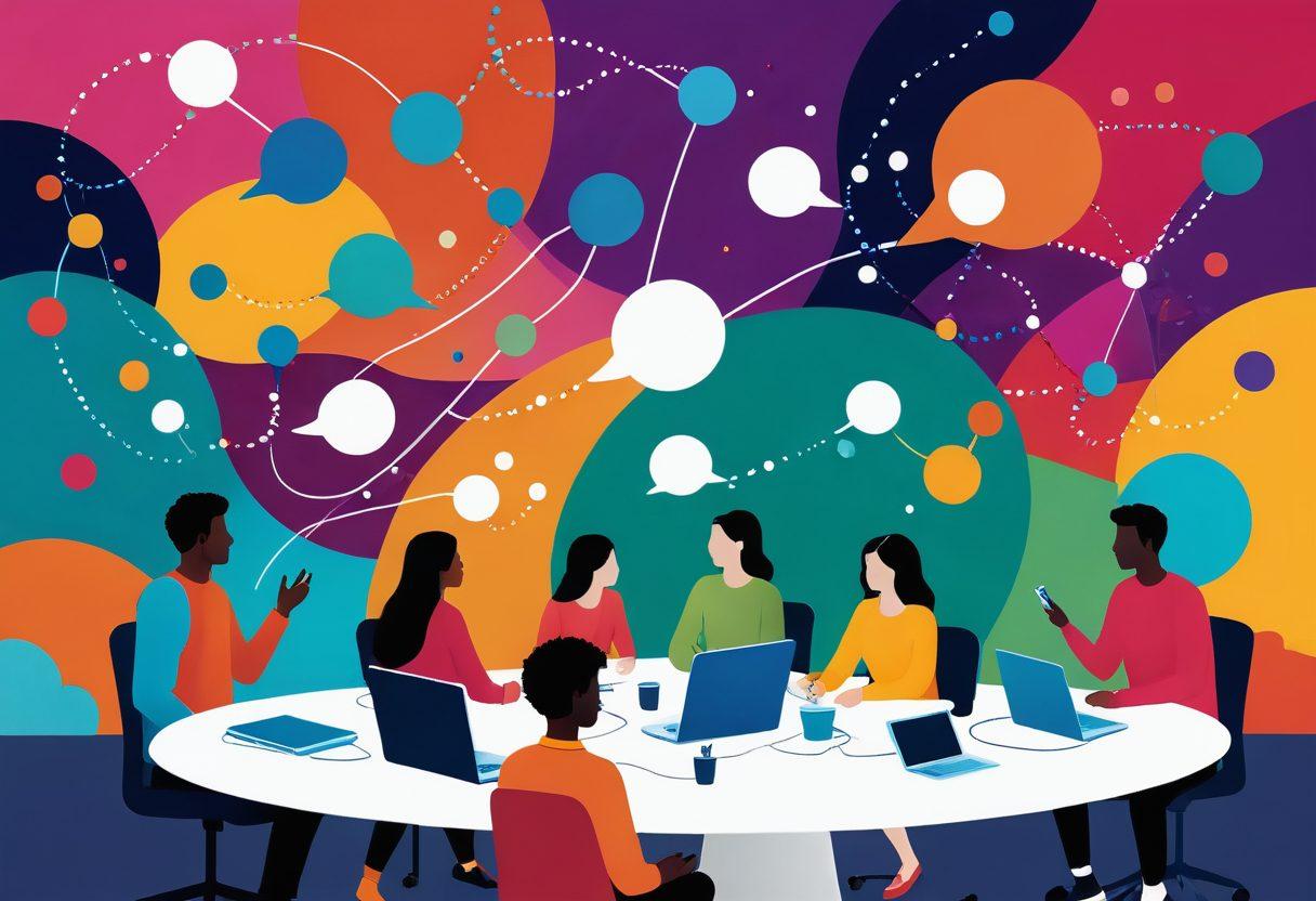 An abstract representation of a vibrant virtual community hub showcasing diverse individuals engaging in discussion and sharing ideas, surrounded by floating icons symbolizing creativity like paintbrushes, chat bubbles, and digital screens. Use a vibrant color palette with elements of technology and connectivity, creating a sense of inclusivity and exploration. super-realistic. vibrant colors. dynamic composition.